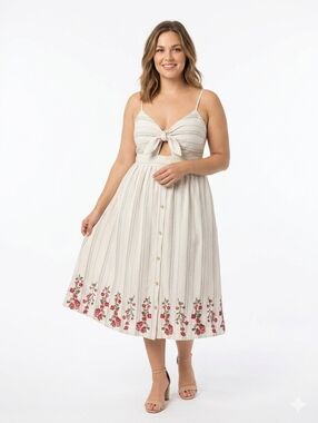 Andree' Embroidered Cotton Midi Dress Front Tie Side Pockets M